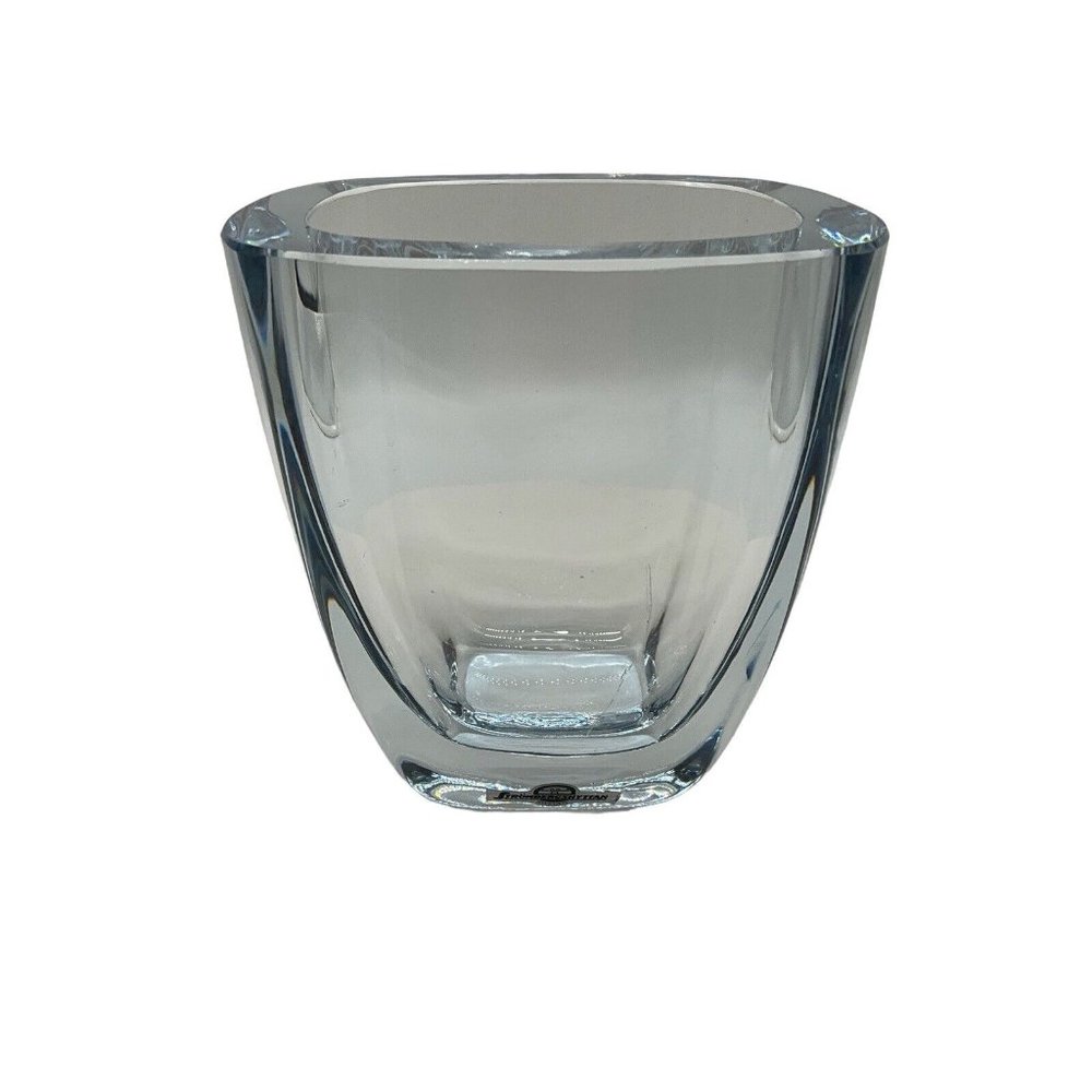 Vtg Strombergshyttan Swedish Art Glass Crystal Vase Blue Hue Artist Signed MCM